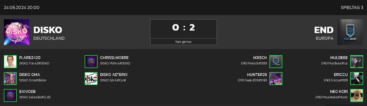 DA IST DAS DING!
Wir holen uns den ersten Sieg der Saison. Wir schlagen Disko Gaming mit einem klaren 2:0.
Vielen dank an alle die da waren und danke für den Raid <a href="/DAG_eSportsDE/">Die Agentur e-Sports e.V.</a>.
Bis Mittwoch zum nächsten Spieltag.
#ENDWin #LetsGOEND