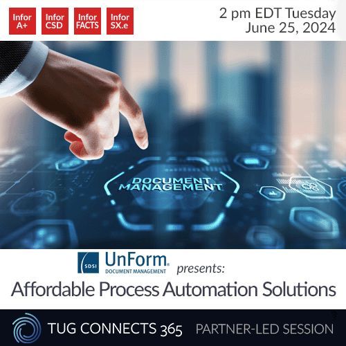 Discover how affordable and easy to use Document Management can be. Join in as UnForm presents document workflow that maximizes your ERP's ROI! Register here: buff.ly/3XwE18u 

#InforDistribution
#Distribution
#TC365
#TUGconnects365
#SDSI
#UnForm 
#ProcessAutomation