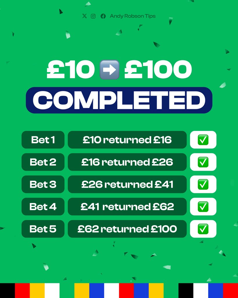 AndyRobsonTips's tweet image. ✅🚂 £10 TO £100 TRAIN COMPLETE!!

Bet Builder Train smashed, I'm going to start another challenge tomorrow night.

Follow me ready: @AndyRobsonTips 

♥️ NOW IF YOU JOINED IN.