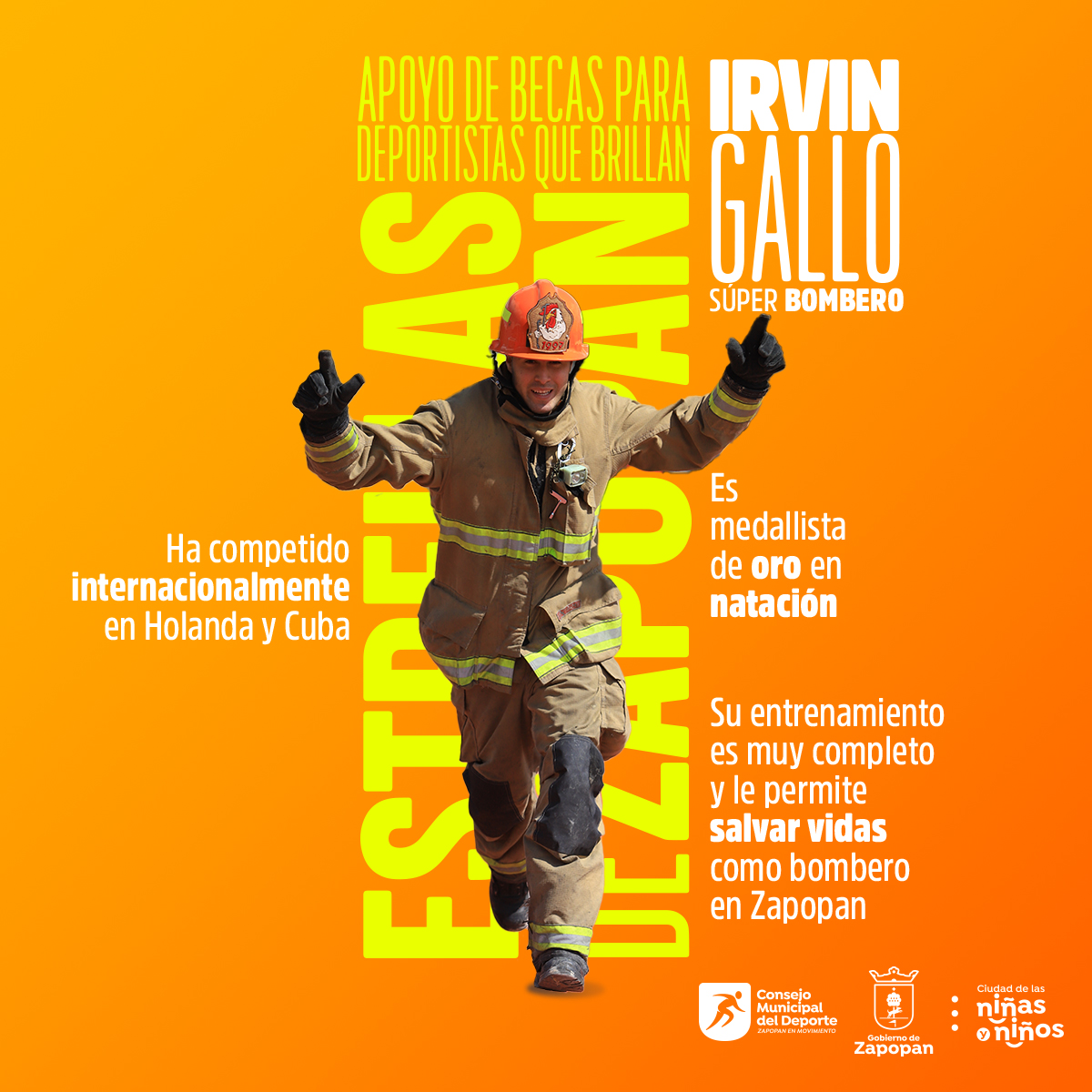 Él es Irvin Gallo, parte del Cuerpo de Protección Civil y Bomberos Zapopan, pero también un deportista destacado, que ha puesto el nombre de Zapopan en alto. Además de salvar vidas, Irvin participa en las competencias de Súper Bombero, en donde ya ha sido medallista de oro.