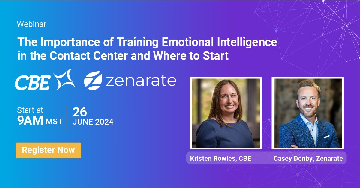 Don't miss our exclusive webinar: "The Importance of Training Emotional Intelligence in the Contact Center and Where to Start," hosted by CBE Companies and Zenarate. 

Register now and be part of the future of customer service. 📅🗣️  hubs.la/Q02D47-70 

 #AITraining
