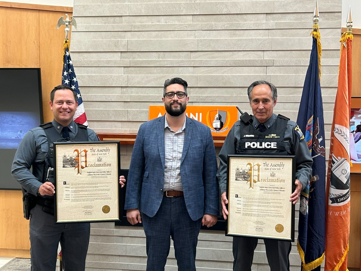 Last week, Assemblymember Jon Rivera presented Officers Olszewski and Urbanski with proclamations for their excellent police work in acting quickly to help maintain campus safety during an altercation at the Sports Arena in February.