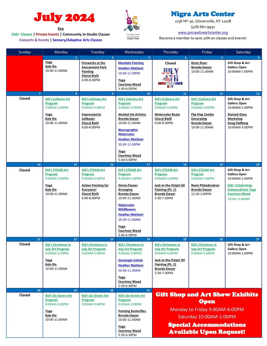 July is almost here – check out our calendar &amp; sign up for classes now! We have a variety on the schedule, including painting, yoga, cookie decorating, resin, stained glass, Kid's Art Programs &amp; more. For details &amp; to register, visit bit.ly/PNCCAEvents or call 518-661-9932.