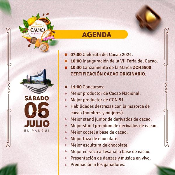 cs4ot's tweet photo. #SomosElOrigenDelCacao 📷
𝐀𝐠𝐞𝐧𝐝𝐚 𝐝𝐞 𝐚𝐜𝐭𝐢𝐯𝐢𝐝𝐚𝐝𝐞𝐬 𝐝𝐞 𝐥𝐚 𝐕𝐈𝐈 𝐅𝐞𝐫𝐢𝐚 𝐏𝐫𝐨𝐯𝐢𝐧𝐜𝐢𝐚𝐥 𝐝𝐞 𝐂𝐚𝐜𝐚𝐨 𝟐𝟎𝟐𝟒.
Sábado 06 de julio / El Pangui https://t.co/qvlEKgpiD0