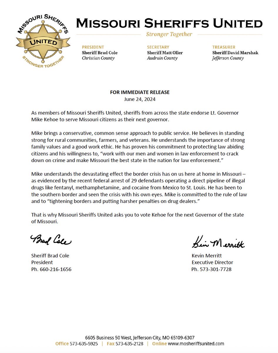 MISSOURI SHERIFFS BACK MIKE KEHOE FOR GOVERNOR 

When I'm governor, we're cracking down on crime on day one. 

My administration will make Missouri the best state in the nation for law enforcement by standing up to liberal extremists and providing more resources for law