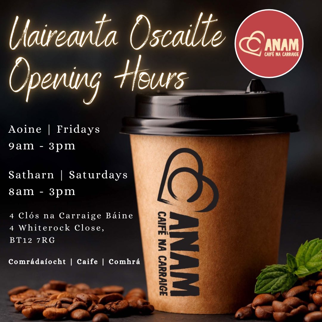 Glór na Móna (@glornamona) on Twitter photo Leathanach iomlán san <a href="/irish_news/">The Irish News</a> inniu dár gCaifé nua ‘Anam - Caifé na Carraige’ 🤩☕️
Caith súil ar na huaireanta oscailte thíos👇🏽
__________
Full page in the Irish News today for our new café ‘Anam - Caifé na Carraige’🤩☕️
Have a look at our opening hours below👇🏽 Leathanach iomlán san <a href="/irish_news/">The Irish News</a> inniu dár gCaifé nua ‘Anam - Caifé na Carraige’ 🤩☕️
Caith súil ar na huaireanta oscailte thíos👇🏽
__________
Full page in the Irish News today for our new café ‘Anam - Caifé na Carraige’🤩☕️
Have a look at our opening hours below👇🏽