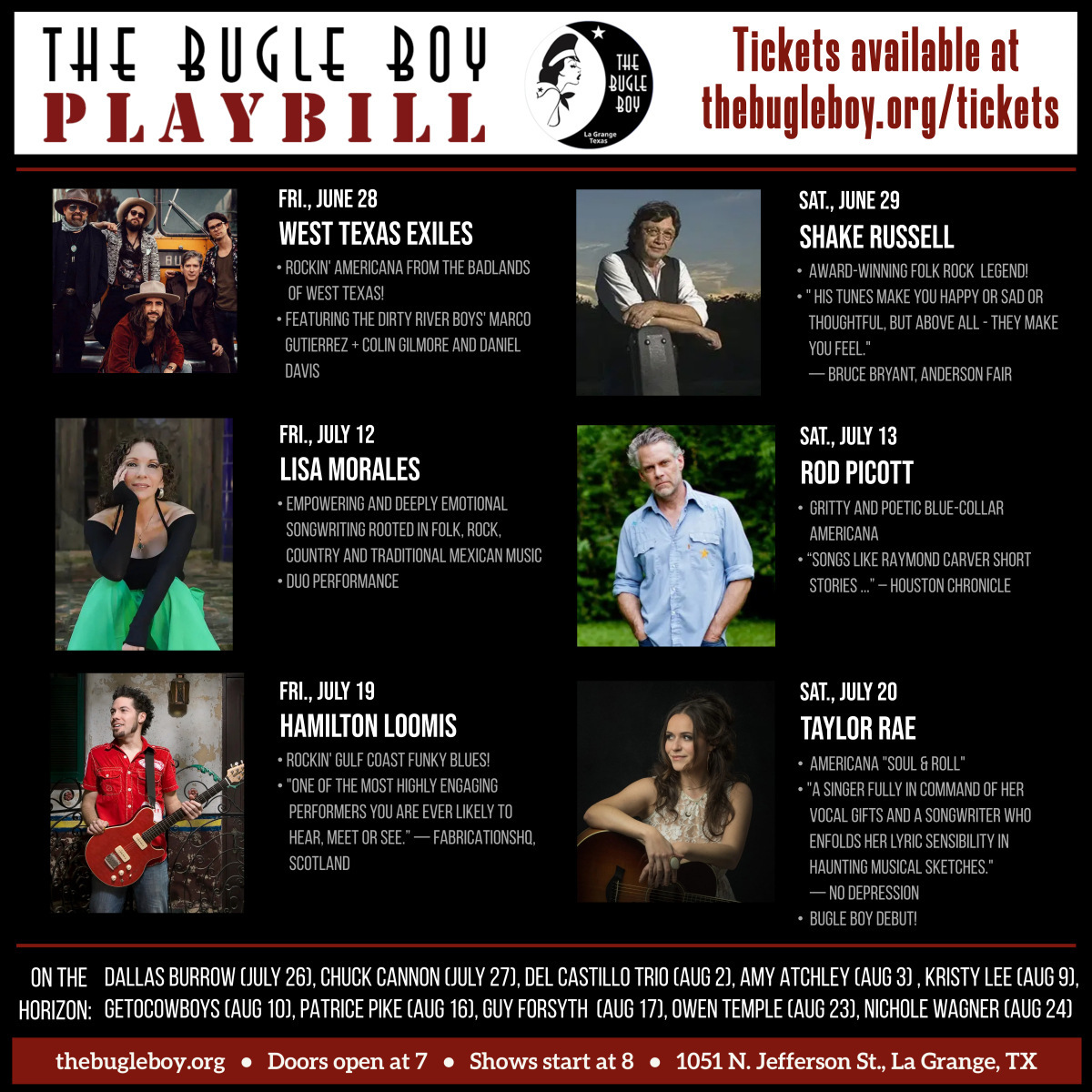 More fabulous shows at our listening room in La Grange! We hope you will join us (in person OR online for the Live Webcast!)
thebugleboy.org/tickets

#livemusic #lagrangetx #roundtoptx #listeningroom