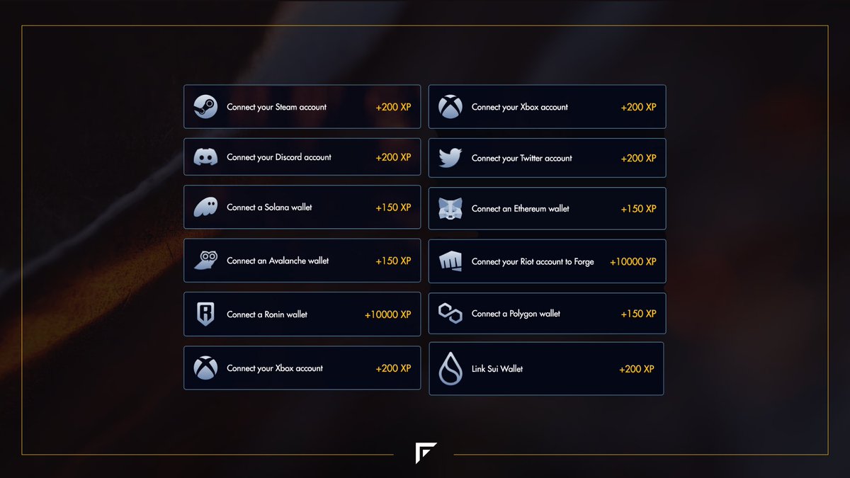 Forge's tweet photo. Not at lvl 20 yet? 👀

Pro tip: Grab daily bonus XP, connect your accounts, and crush partner quests to level up fast. 🙌

We’ve got 9 partner campaigns live now. Also, we have weekly game nights where you can earn extra XPs 😉 https://t.co/LswPpbq1Dz