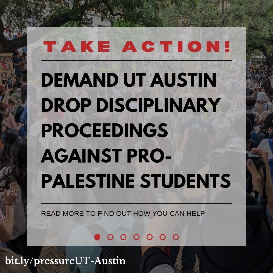 URGENT CALL TO ACTION: UT AUSTIN IS INVESTIGATING STUDENTS ARRESTED ON APRIL 24th AND 29th FOR TAKING A STAND AGAINST GENOCIDE AND WITHHOLDING THEIR DEGREES

instagram.com/p/C8myWQVJxlS/…