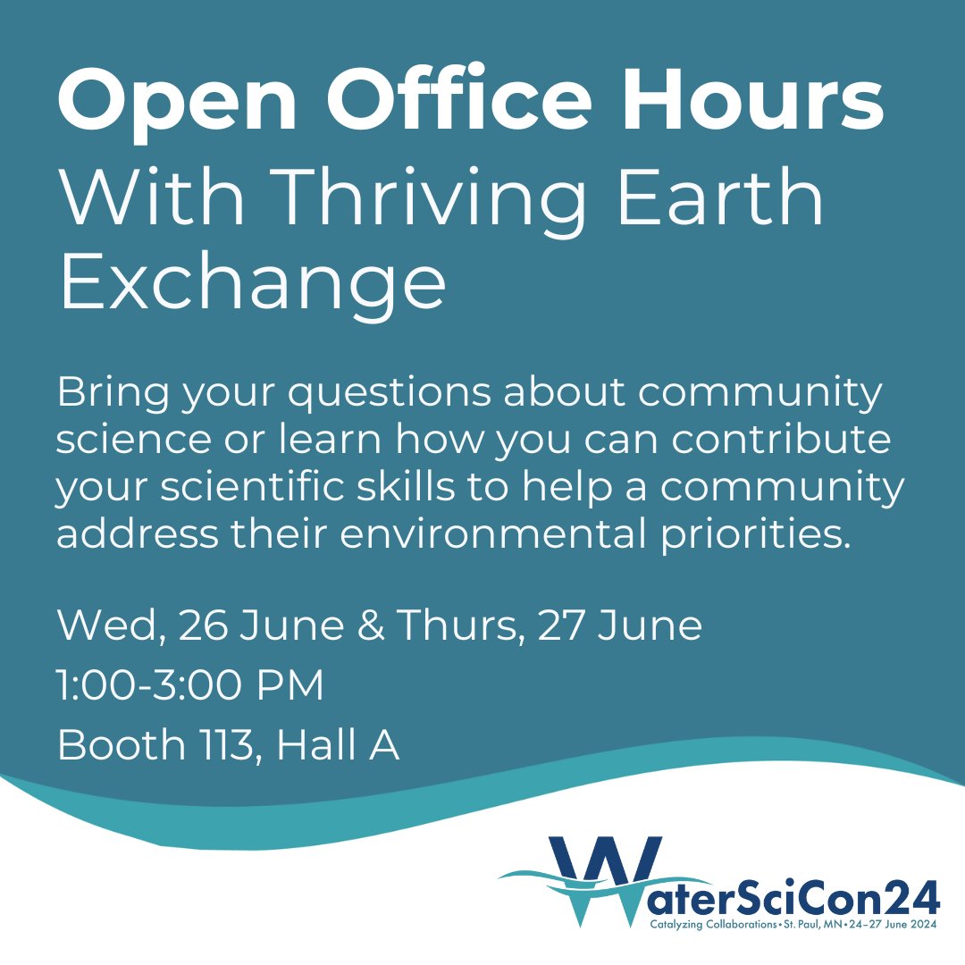 🌊 Attending #WaterSciCon24?  
📝 Want to learn more about community science and how you can get involved? 
💬 Stop by booth 113 between 1:00-3:00 Wed or Thurs to chat with <a href="/ThrivingEarth/">Thriving Earth Exchange</a>'s Britt Forsberg