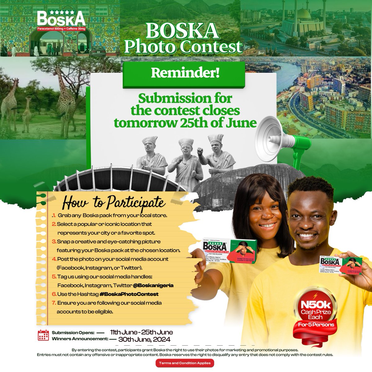Boska_nigeria's tweet photo. Tomorrow is the last day! What are you waiting for? Join the Boska photo contest and stand a chance to win #50K prizes. Share your best moments with Boska, and get creative. Don't miss out on this exciting opportunity!
Submit your entry today, Good luck!
#BoskaPhotoContest #boska https://t.co/os0NjN7kpl
