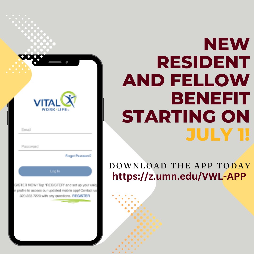 🌟 Exciting News for Residents &amp; Fellows! 🌟
Starting July 1st, all residents and fellows paid by the University will have access to exclusive well-being resources through VITAL WorkLife! 🎉
📲 Download the VITAL WorkLife App to get started! Z.umn.edu/vwl-app 
#umngme