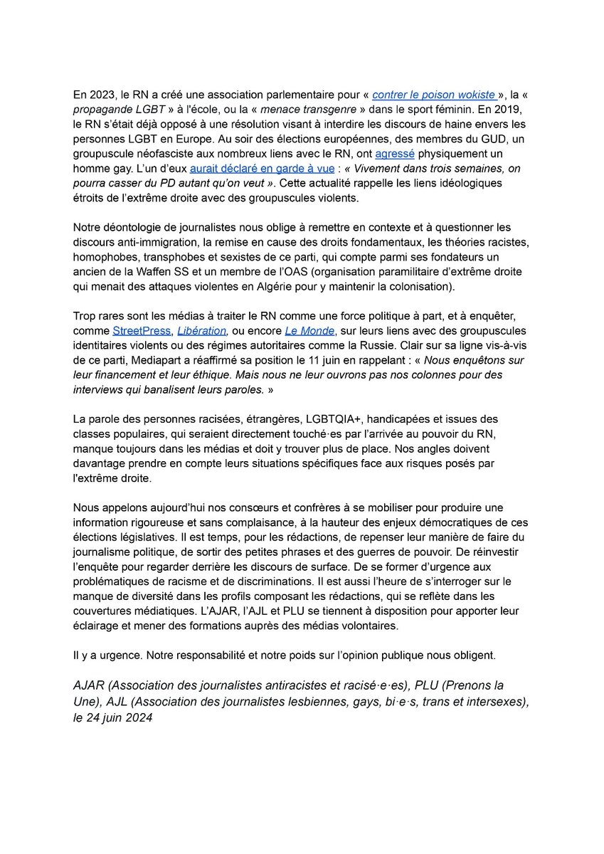 Après un score inédit du Rassemblement national (RN) aux élections européennes, l'heure est à une urgente prise de conscience dans les rédactions. Nous, l'AJAR, l' <a href="/ajlgbt/">AJL</a> et <a href="/Prenonsla1/">Prenons la une</a> souhaitons alerter sur les responsabilités de notre profession.
