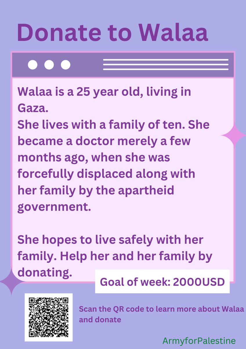 💜Last FALESTA GFM Campaign💜

This week we are raising funds for Walaa and her family of ten, who are trying to evacuate from Gaza. Our minimum goal this week is $2000 again. Please donate &amp; share and don’t forget to fill in the form so our team can calculate the donations:
