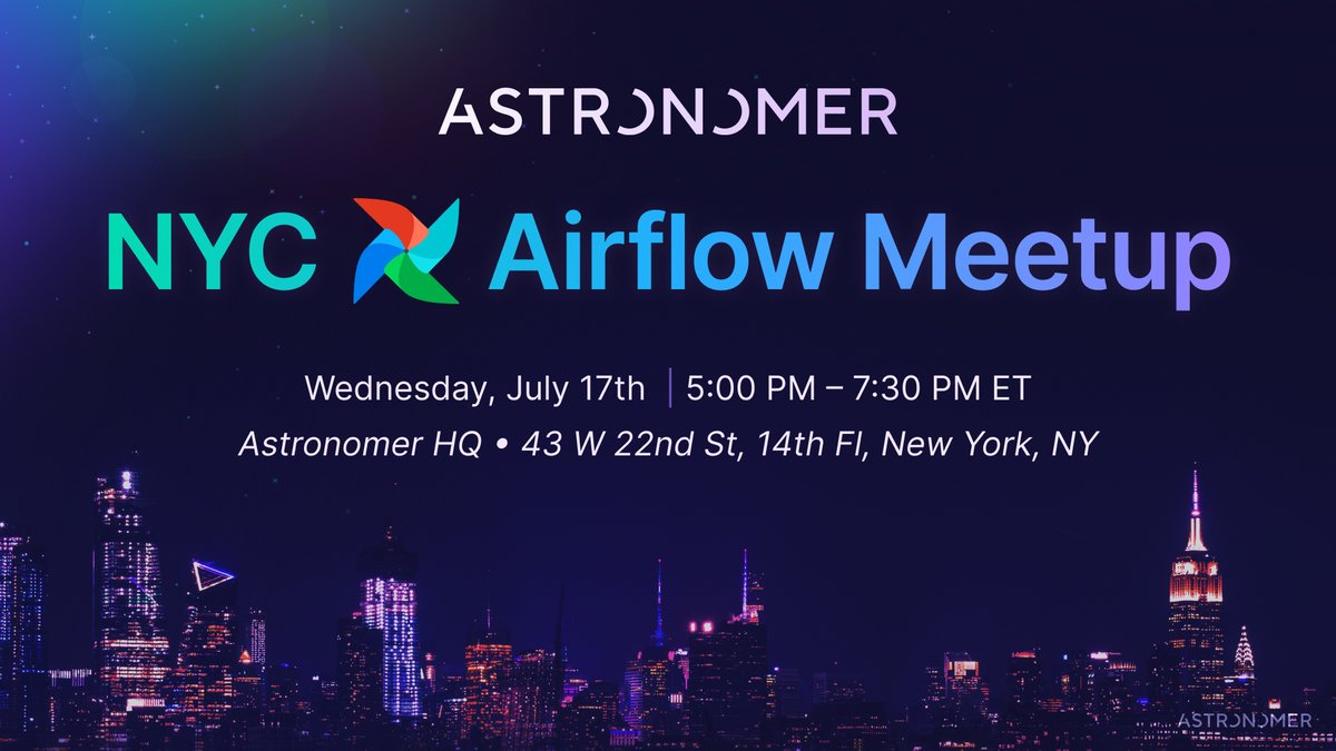 ApacheAirflow's tweet photo. 👋🏾 Hey NYC- we got rained off of the roof at our last event, so we want to make it up to you!  We'll be hosting our next event on @astronomerio's rooftop lounge!   

Plus... attendees will receive a discount code to Airflow Summit 🤫

RSVP to attend! ⬇️
https://t.co/ktCHEWDNjp https://t.co/Hrk3UbJY4V