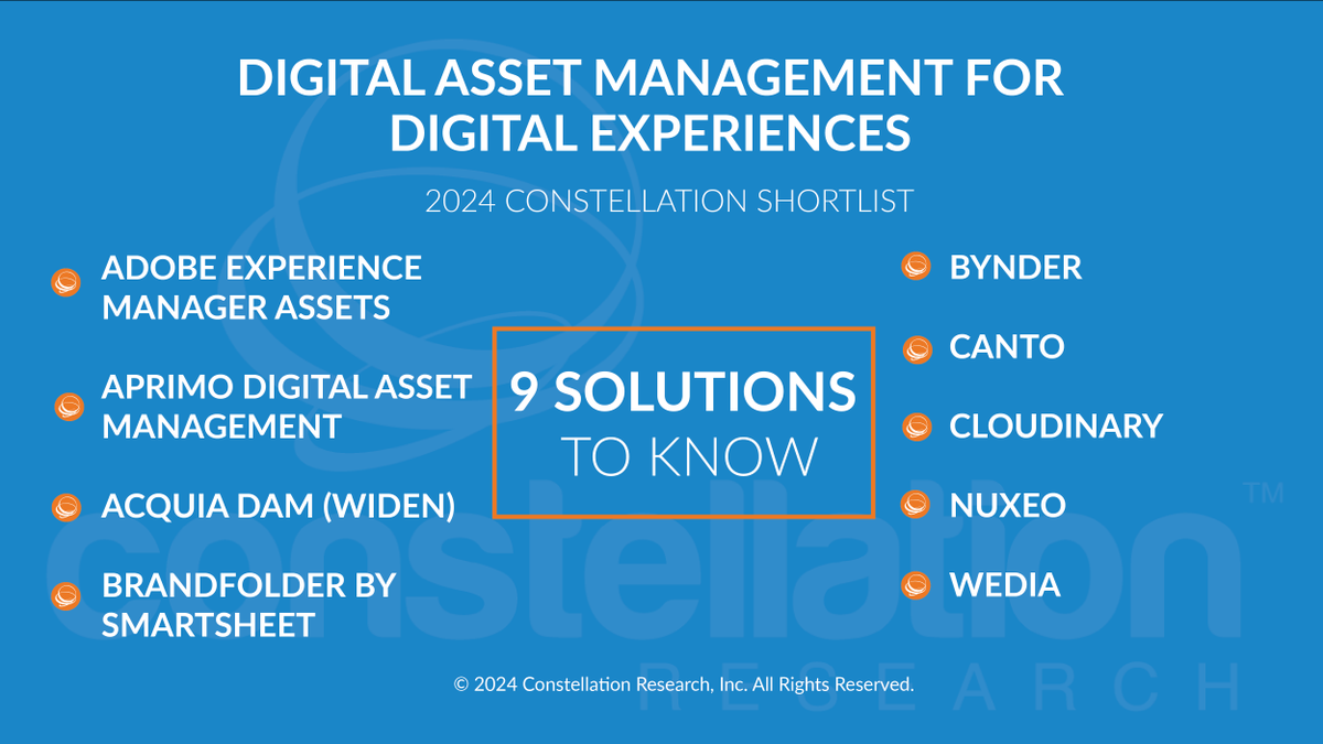 The word is out! See the ShortList for Digital Asset Management DX by <a href="/lizkmiller/">Liz Miller</a> bit.ly/3YGYe95 <a href="/Adobe/">Adobe</a> <a href="/acquia/">Acquia</a> <a href="/Aprimo/">Aprimo</a> <a href="/Brandfolder/">Brandfolder by Smartsheet</a> <a href="/bynder/">Bynder</a> <a href="/Canto/">Canto</a> <a href="/cloudinary/">Cloudinary</a> <a href="/nuxeo/">Nuxeo</a> @Wedia_EN