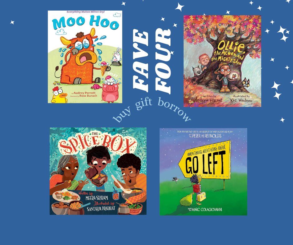 Fave Four

If you'd like to see other picture book recommendations for this year, pop on over to cherylajohnsonwrites.weebly.com.

@KWindness 
<a href="/AndrewCHacket/">Andrew Hacket</a> 
@audreyperrott 
<a href="/Meeratsriram/">Meera Sriram</a> 
<a href="/MarcCola3/">Marc Colagiovanni</a> 
<a href="/peterhreynolds/">Peter H. Reynolds</a>