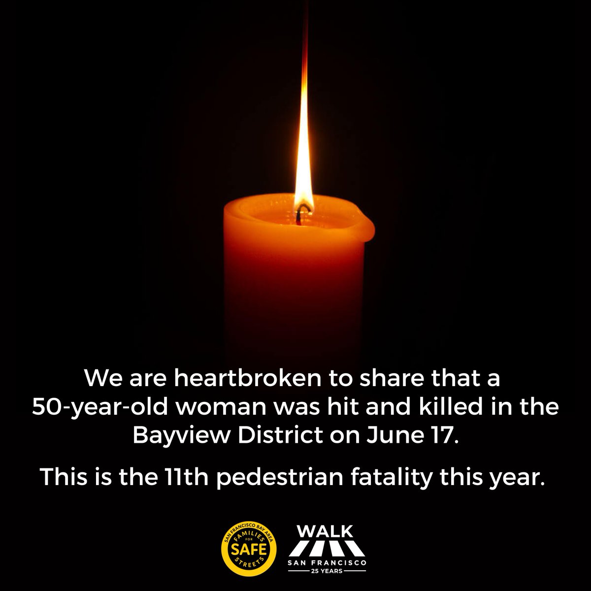 We are deeply saddened to learn that a 50-year-old woman was killed at the intersection of Toland Street and Jerrold Avenue last week. You can read our statement at walksf.org/releases.
