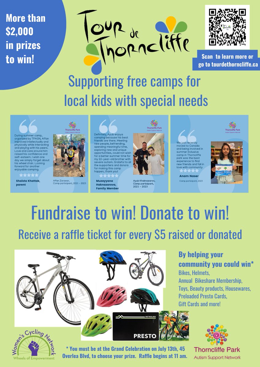 How would you like to help send a child with special needs to summer camp? Consider making a donation or fundraising through the Tour de Thorncliffe, which raises funds to provide a free summer camp experience for kids with special needs. tourdethorncliffe.ca