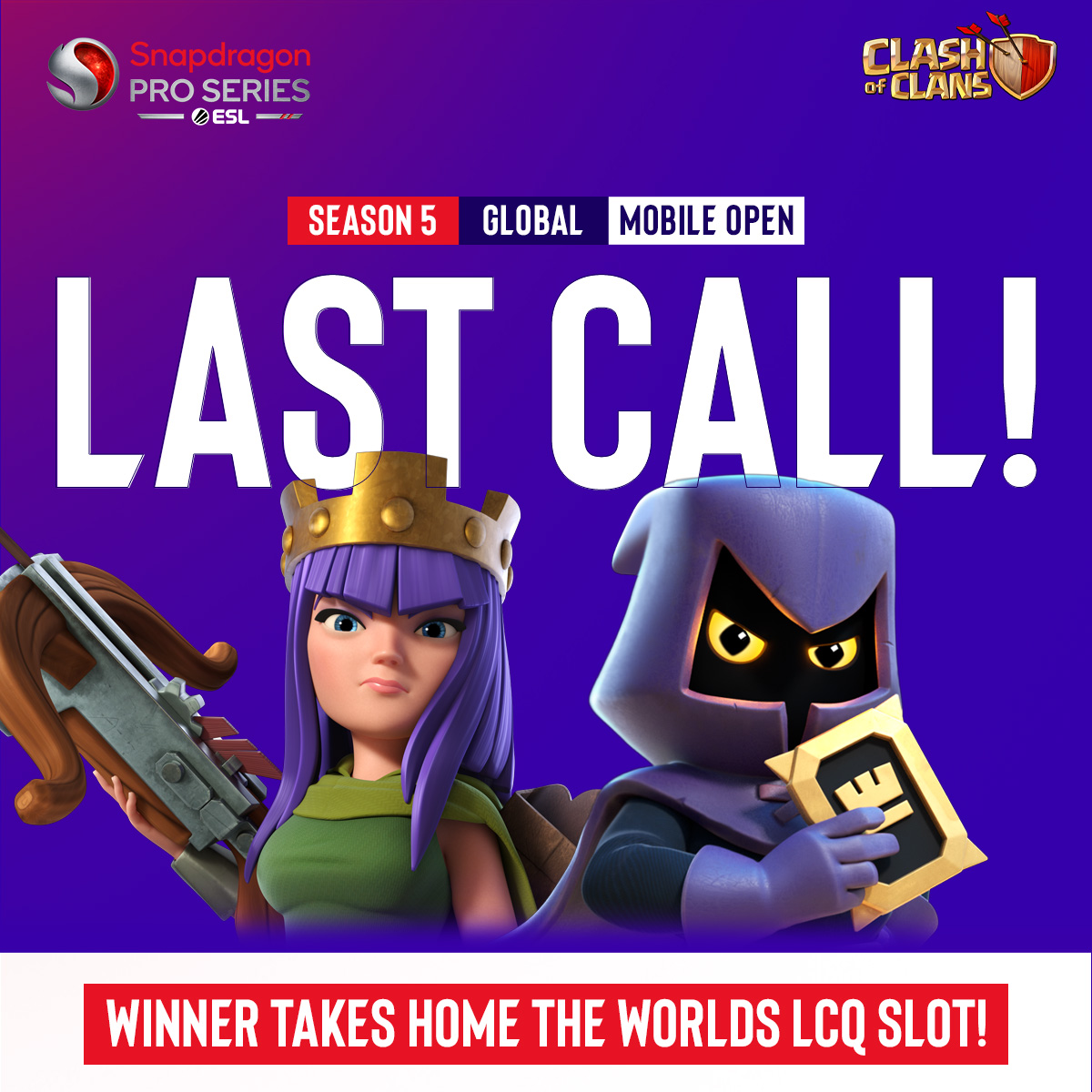 ❗❗❗ Last chance to sign up for Mobile Open! ❗❗❗ 

Sign up ends June 26th! Don't miss out on your opportunity to win a SILVER ticket to the #ClashWorlds LCQ!

🔗 esl.gg/SPSClash
📅 Cup 1: June 29th

#SnapdragonProSeries