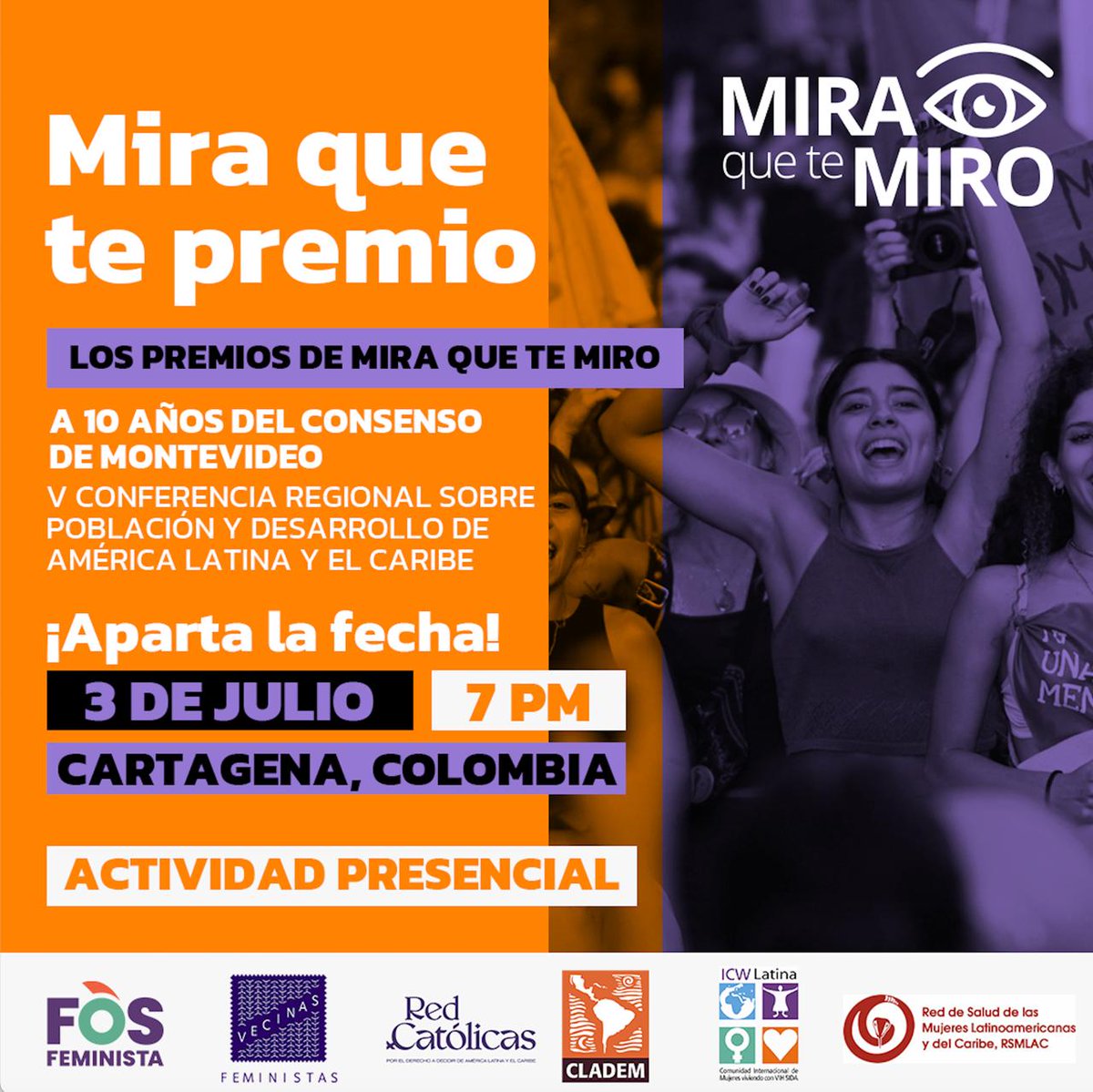 Join us at "Mira que te premio", an event of the Mira que te Miro initiative, held in the framework of the Fifth Regional Conference on Population and Development.

📆 July 3rd.
⌚ 7 PM (COL).
💻 Register link: bit.ly/3zfHvSJ

Virtual interpretation will be offered.