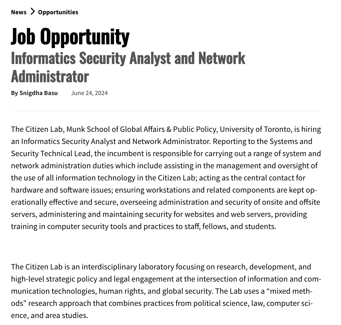 NEW job opportunity <a href="/citizenlab/">The Citizen Lab</a>!

We have a new sysadmin position open. It's a great chance to join a one-of-a-kind group of digital sleuths

Details below ⬇️

citizenlab.ca/2024/06/job-op…