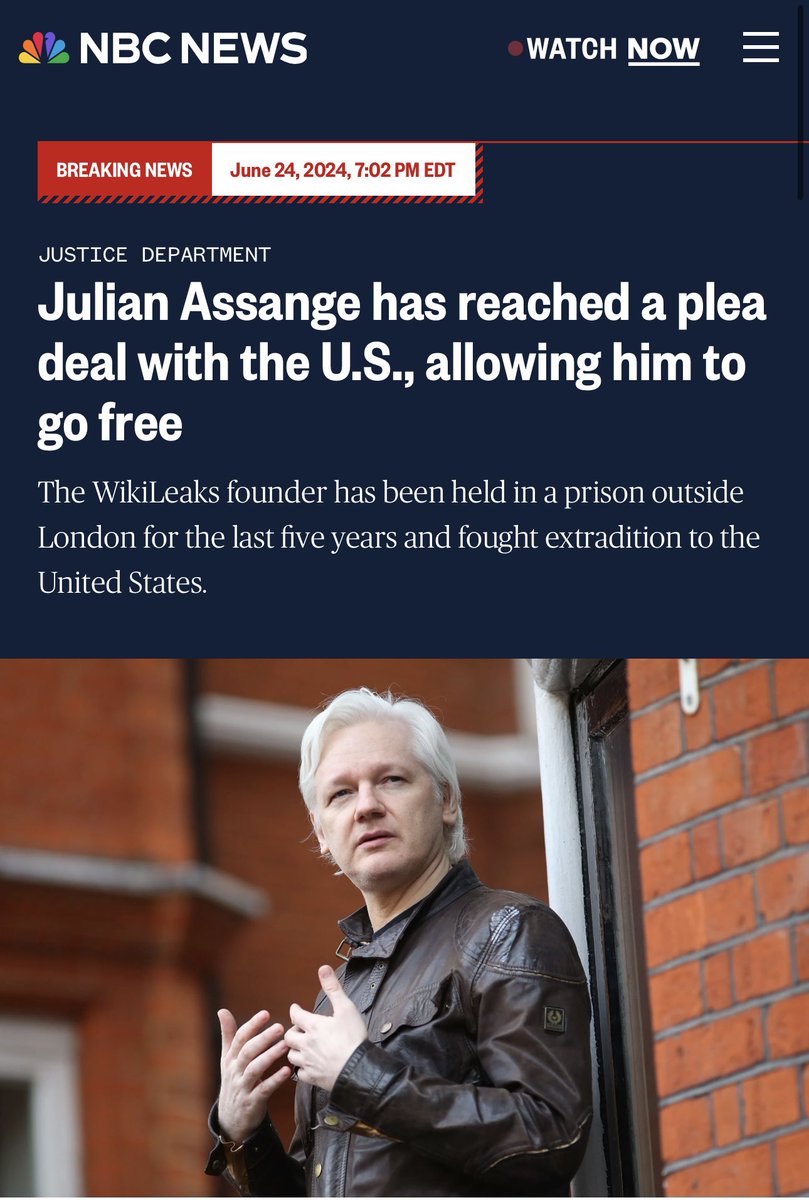 BREAKING: Julian Assange has reached a plea deal with the U.S., allowing him to go free.
