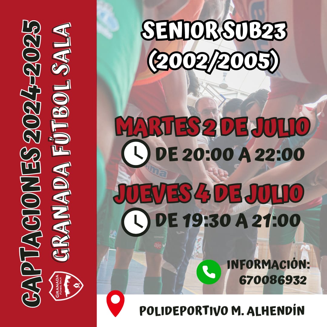 👥 Captaciones Senior Sub-23 

🚨 ¡Mañana arrancan las Captaciones para el Senior Sub-23 en el Polideportivo Municipal de Alhendin!

#VamoSIMA #SoñemosJuntos #SomosEquipo