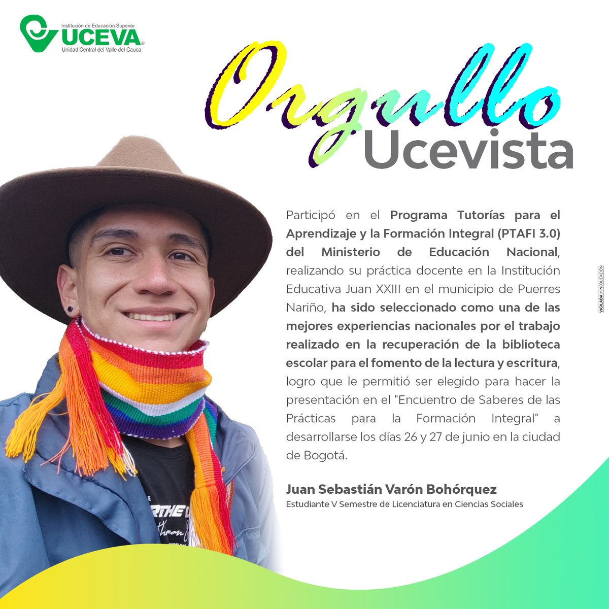 ucevacol's tweet image. En la UCEVA exaltamos la excelencia y dedicación de nuestros egresados, estudiantes y docentes.
En está ocasión nuestro estudiante Juan Sebastián Varón Bohórquez, tiene el privilegio de destacarse en #orgulloucevista