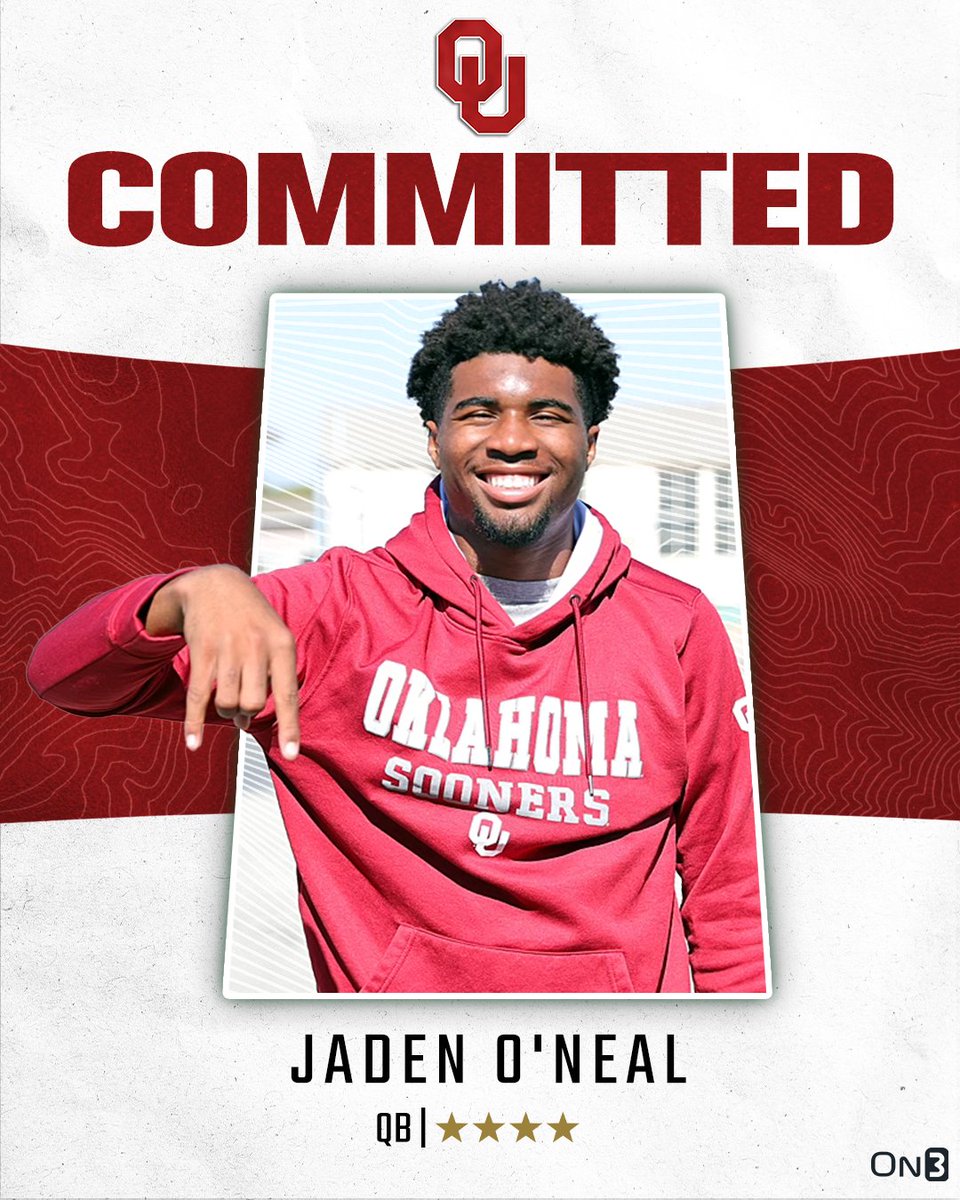 Rivals's tweet photo. 🚨BREAKING🚨 2026 4-star QB Jaden O'Neal has committed to Oklahoma⭕️

O'Neal is the No. 6 QB in the 2026 class‼️

More from @ChadSimmons_: https://t.co/azQWq2IDrE https://t.co/WFGQV5ub5e