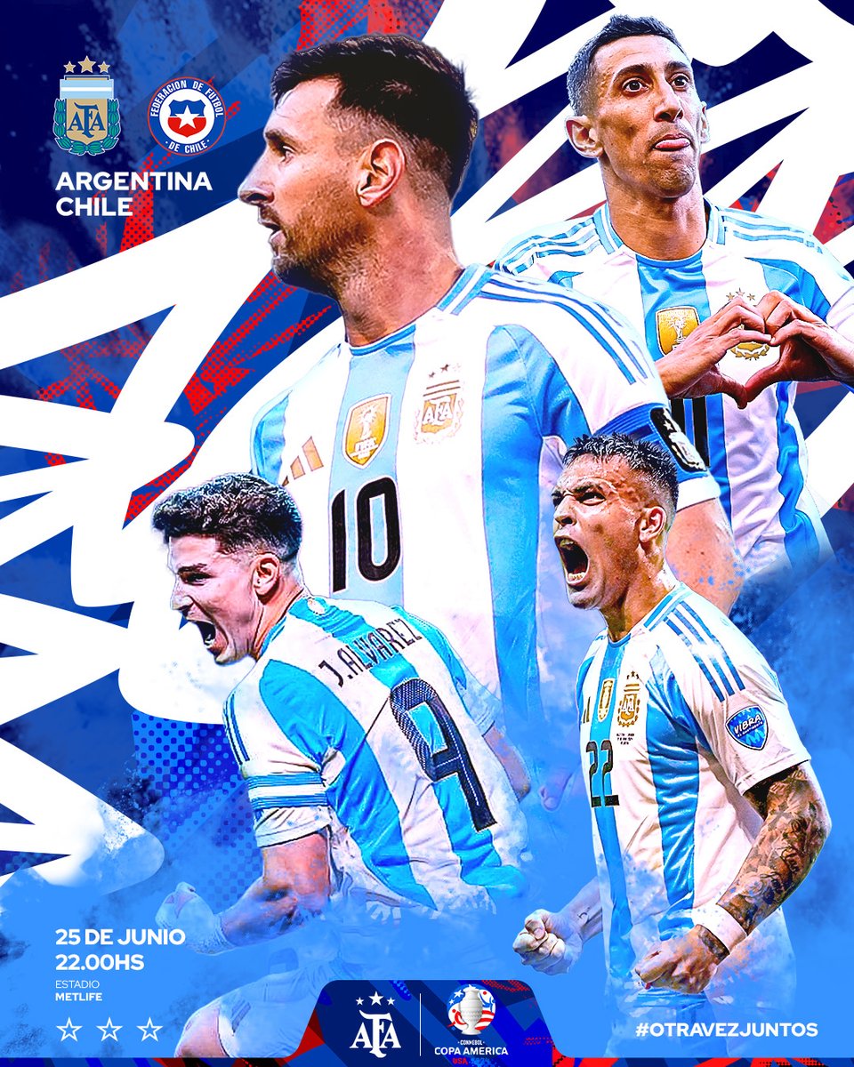 🏆 #CopaAmérica
🗓 Fecha 2 - Grupo A
⚽ <a href="/Argentina/">🇦🇷 Selección Argentina ⭐⭐⭐</a> 🇦🇷 - #Chile 🇨🇱
⏱ 22.00
🧑‍⚖️ Andrés Matonte 🇺🇾
🏟 MetLife Stadium
📝 shorturl.at/QL9aa

#OtraVezJuntos 🩵🤍🩵