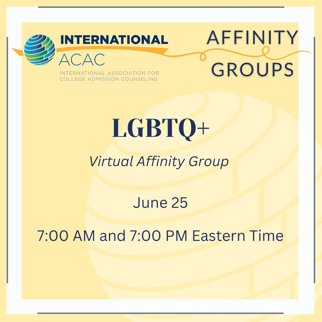 IntlACAC's tweet image. We hope to see you tomorrow, June 25 at 7:00 AM and 7:00 PM ET for our final, virtual Affinity Group meeting! Tomorrow&apos;s topic: LGBTQ+. The registration links were emailed directly to members.