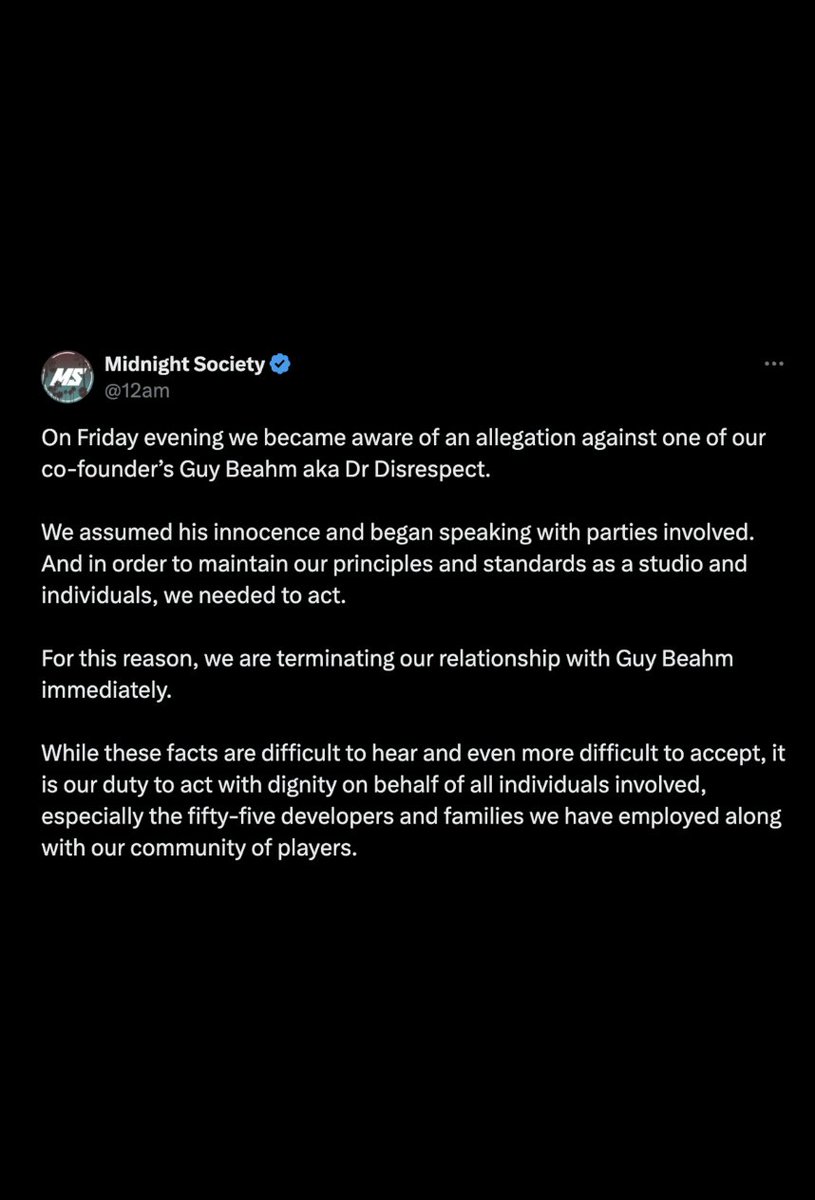 Dexerto's tweet image. “we are terminating our relationship with Guy Beahm immediately.”

Dr Disrespect’s game studio Midnight Society is parting ways with him after allegations about his Twitch ban surfaced