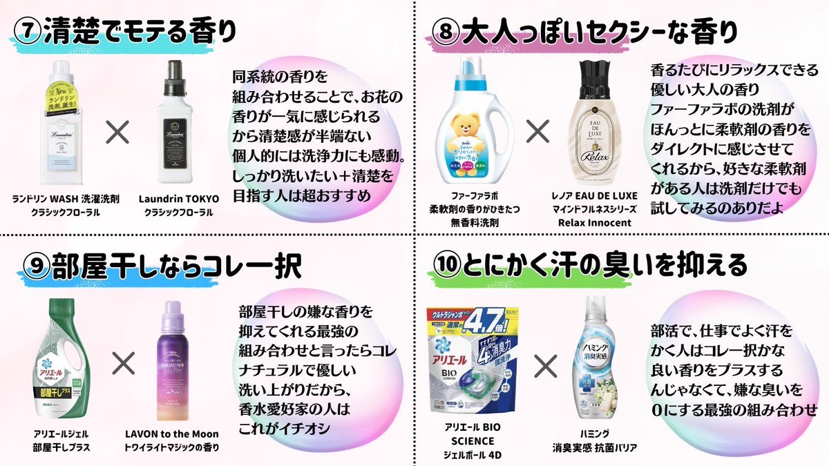 pipichan_cosme's tweet photo. 100パターン以上『洗剤×柔軟剤』を試してきた美容オタOLが、ガチ最強の組み合わせだけを厳選しました✍️ https://t.co/6kIKYPnk8r