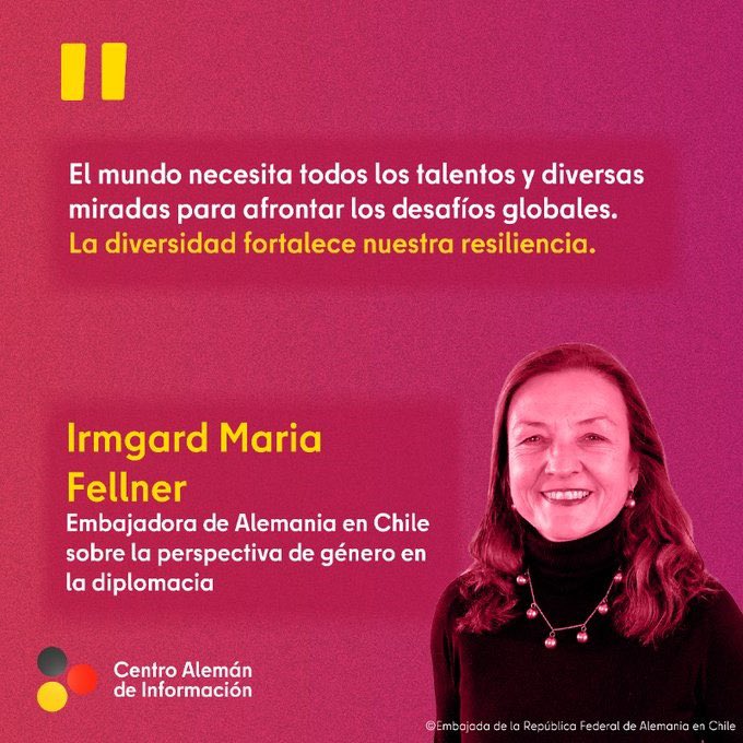 Todos los días deberian ser un día honorando la perspectiva del género - Feliz Día internacional de las mujeres en la diplomacia! 🇩🇪❤️🇨🇱
<a href="/unwomen/">Maria A Reed Stacey</a>
<a href="/Minrel_Chile/">Cancillería Chile 🇨🇱</a> 
<a href="/AlemaniaenCL/">Embajada de Alemania en Chile</a> 
<a href="/Alemaniaparati/">Centro Alemán de Información para Latinoamérica</a> 
<a href="/AuswaertigesAmt/">Auswärtiges Amt</a>