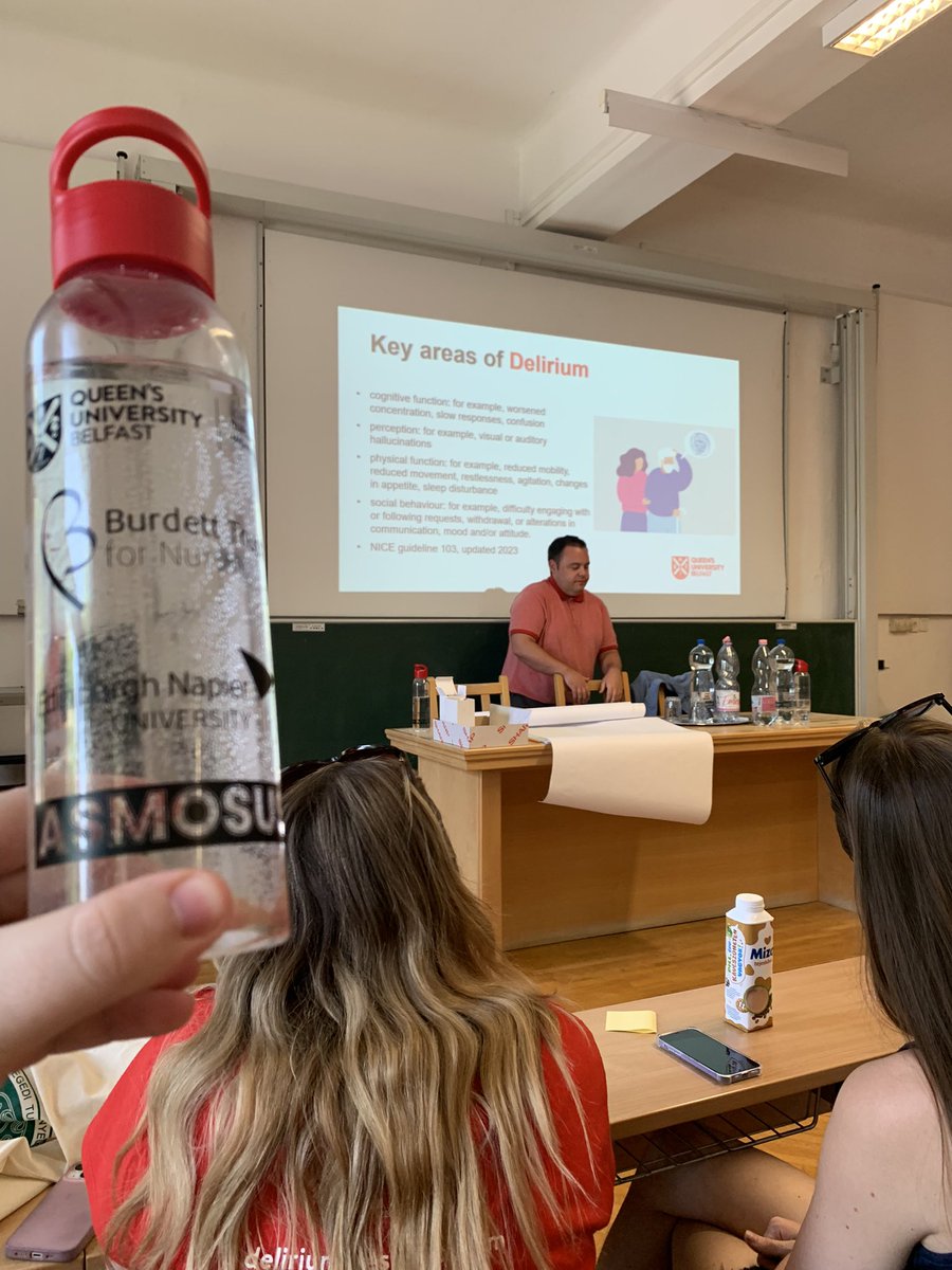 GlennMcDowellRN's tweet image. Day one of the #QUBSzeged exchange project with @QUBSONM & @Uni_Szeged workshopping ideas for a #codesign #delirium resource! Keeping ourselves #hydrated with our #ASMOSUSresource #CVD water bottles #LoveQUB