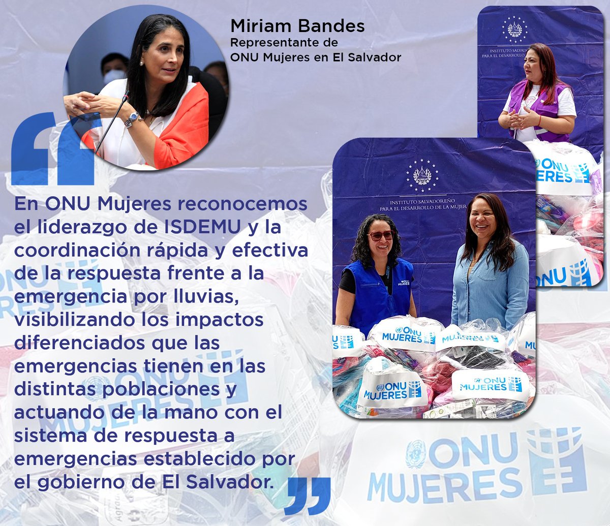 onumujeressv's tweet photo. ¡Reconocemos el trabajo de @ISDEMU y su destacada respuesta ante la emergencia por lluvias! Su compromiso para proteger a las mujeres y sus familias en situaciones de vulnerabilidad es importante para la seguridad y resiliencia de las comunidades. 

#EquipoHumanitarioSV https://t.co/vSHJcepXrw