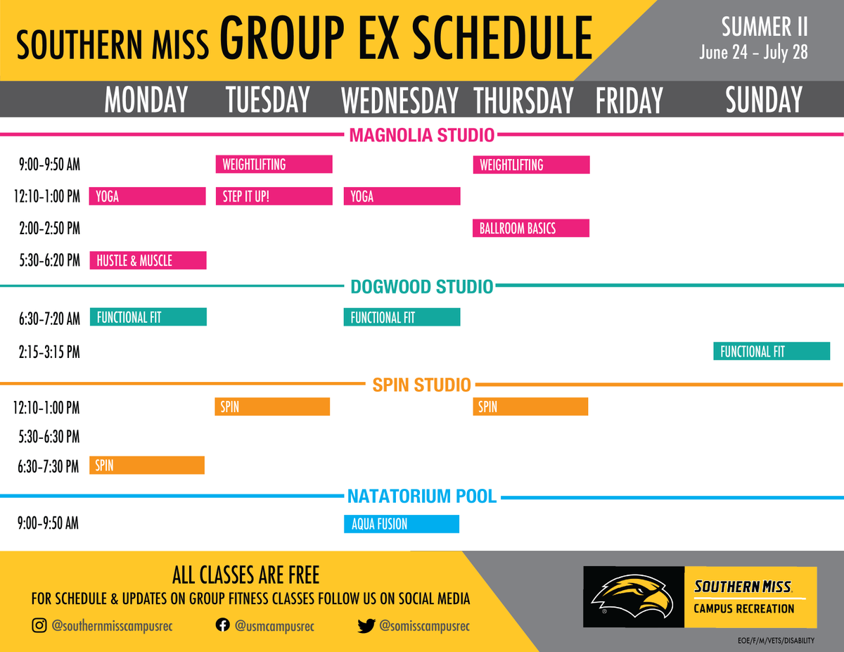 somisscampusrec's tweet photo. Work on your summer bod, as our revised #GroupEX schedule begins today. Classes this evening include Hustle &amp; Muscle at 5:30 and Spin at 6:30. See you at #ThePayne. #USMRecLife #USMCampusRec #healthisgolden #SMTTT #flexyoursummer https://t.co/ksF7os0gR9