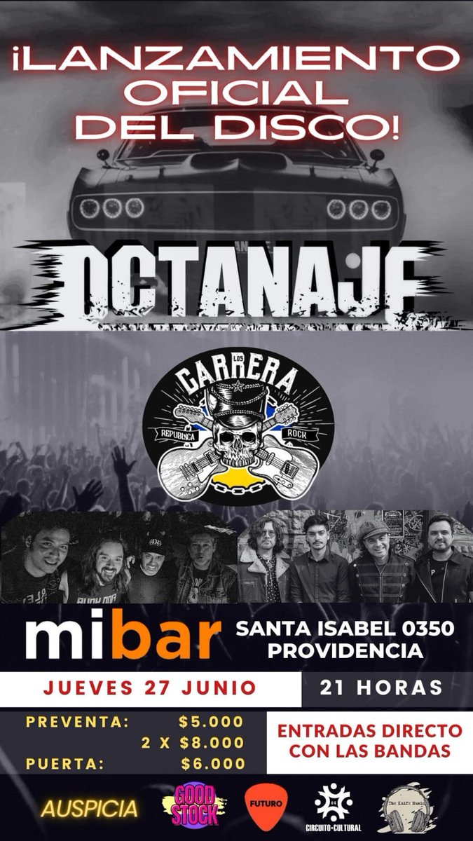 Carrerin@s!

Este jueves nos vamos a presentar en <a href="/MiBardeRock/">MiBar</a>, en Providencia 🔥

Vamos a estar adelantando el nuevo disco junto a nuestros amigos de Octanaje 🤟

Quedan las últimas entradas. Si quieres ir, déjanos un mensaje o un comentario!

Nos vemos!