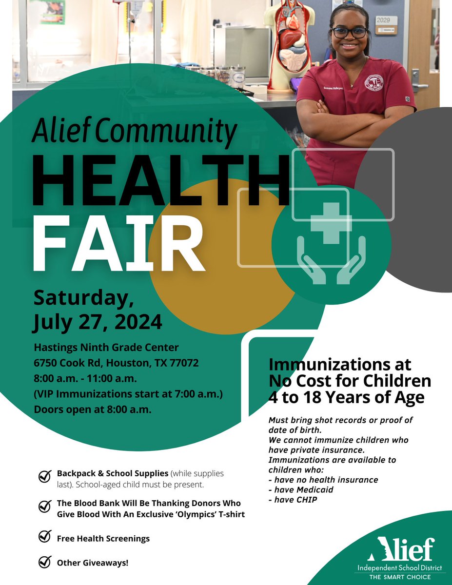 Mark your calendars for the Alief Community Health Fair on Saturday, July 27, 2024! 

🎉 Free immunizations 
🎒 Backpack and school supplies 
🩺 Health screenings 
🎁 Great giveaways

Check the flyer for all the details. See you there!