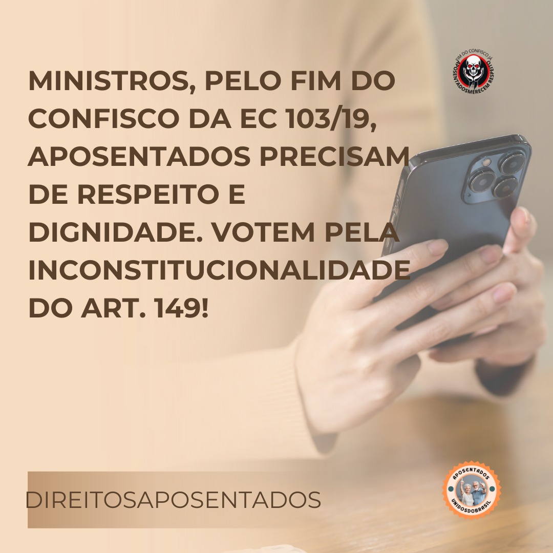 Aposentados merecem proteção jurídica; Ministros do STF, declarem inconstitucional o art. 149 EC103/19 e garantam sua estabilidade financeira.
<a href="/nunesmarquesK/">Kassio Nunes Marques</a>
<a href="/MinAMendonca/">André Mendonça</a>
<a href="/Cristianozaninm/">Cristiano Zanin Martins</a>
<a href="/FlavioDino/">Flávio Dino 🇧🇷</a>
👇
Liberem Já
#AposentadoriaDigna