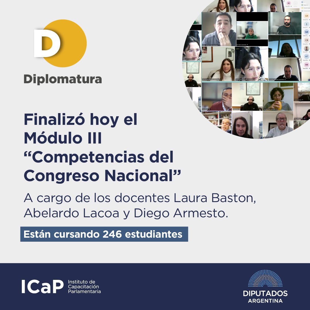 icaphcdn's tweet photo. Hoy finalizó el Módulo III "Competencias del Congreso Nacional". Fue dictado por la Dra. Laura Baston, el Prof. Abelardo Lacoa y el Dr. Diego Armesto.
247 estudiantes han participado de las dos comisiones del Diploma en Gestión Parlamentaria.
¡Gracias a tan maravillosos docentes! https://t.co/oHdBq4QffH