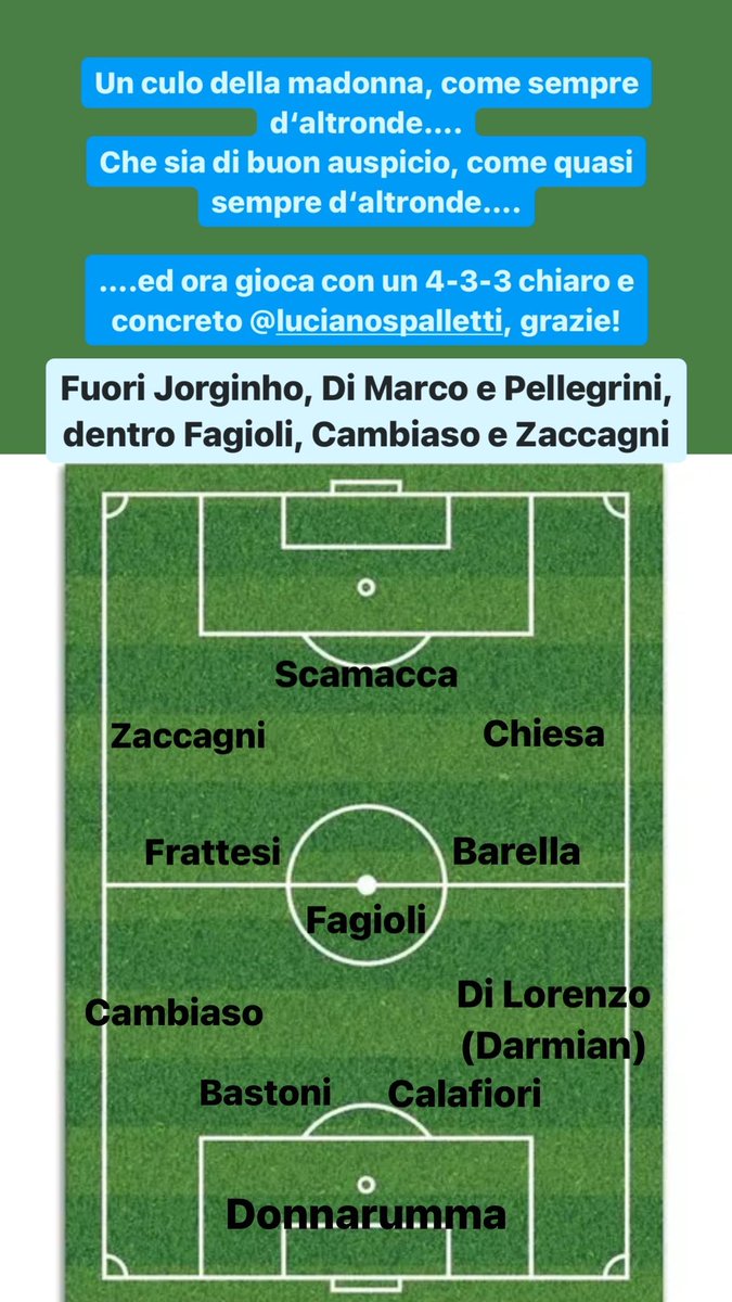 É ora delle decisioni, Mister #Spalletti 
Fuori Di Marco, Jorginho, Pellegrini. Gioca con regista, due mezze ali, due ali vere ed un centravanti boa. La soluzione più chiara e concreta con il materiale a disposizione. 
Dentro il più tecnico Cambiaso e Zaccagni ala! #CroaziaItalia