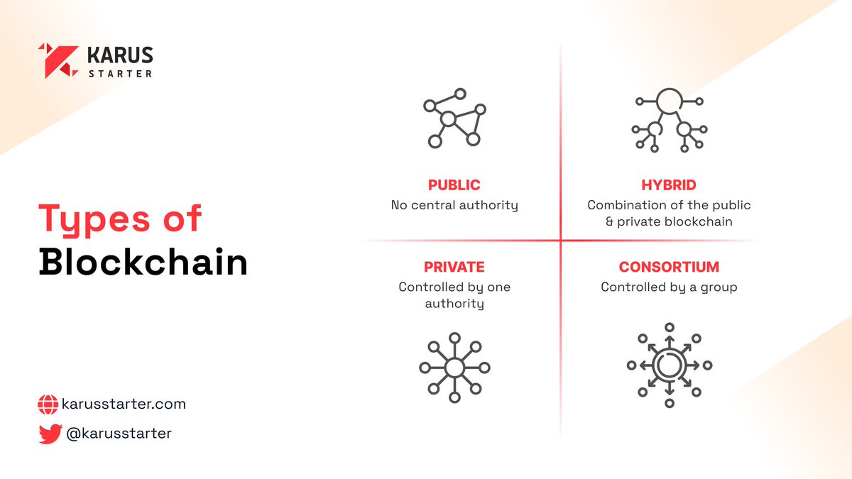 🌐 Exploring Different Types of Blockchain! From Public to Hybrid, Private to Consortium, understand the key differences and choose the right one for your project. Learn more with Karus Starter. 🚀 #Blockchain #Crypto #KarusStarter
