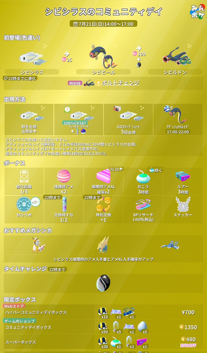 pokemongo_db's tweet photo. 7月のコミュニティデイはシビシラスに決定！

⚡開催期間
7月21日(日)14:00〜17:00

✔特別わざ『ボルトチェンジ』
✔ボーナス『孵化距離1/4』
 https://t.co/igVvv5j4WE #ポケモンGO https://t.co/Fq6OBTLSyp