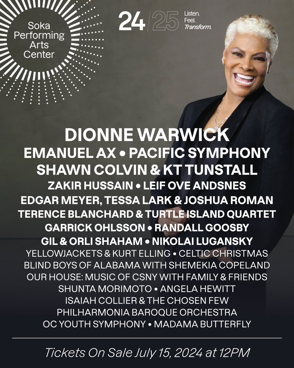 🎉 Announcing our 2024-2025 season! 🎶

Kicking off with six-time GRAMMY® winner Dionne Warwick—tickets available now! Tix on sale July 15 at noon. 🎟️

Join us for Shawn Colvin &amp; KT Tunstall, Philharmonia Baroque Orchestra, Emanuel Ax, and more. Details: tinyurl.com/n96vf3d9