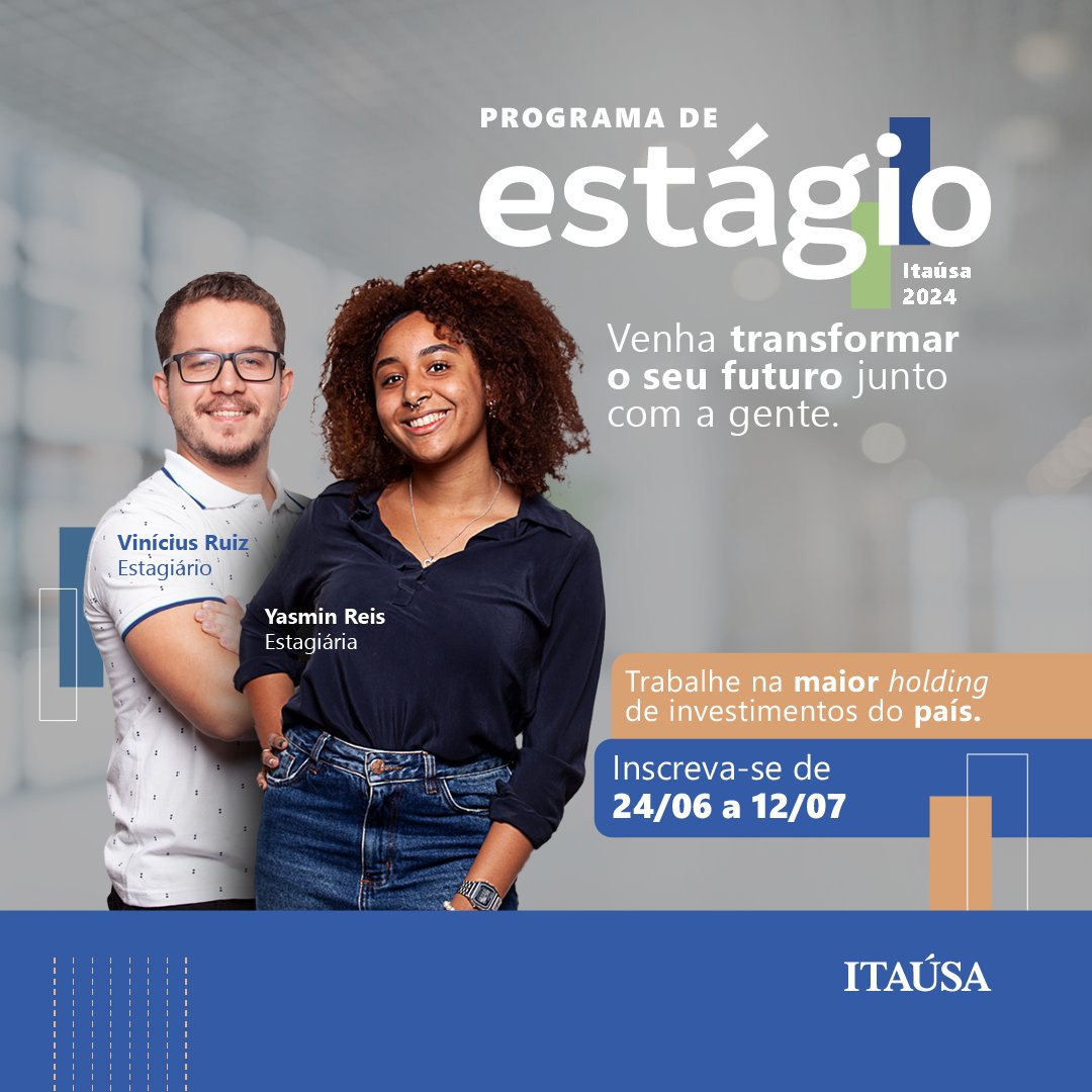 itausaholding's tweet photo. Quer fazer parte da maior holding de investimentos do Brasil? A Itaúsa está com vagas abertas para o Programa de Estágio 2024!

Venha fazer parte do nosso time. Faça já a sua inscrição no link: https://t.co/OmNvC8dUzz!

#SomosItaúsa #EstágioItaúsa2024 #ProgramadeEstágio https://t.co/dXc2jzIfgA