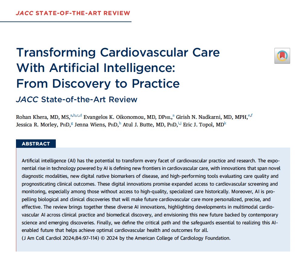 rohan_khera's tweet photo. In the 1st @JACCJournals issue w @hmkyale at the helm, proud to share our SOTA review on AI's transformative role in CV discovery & care 🧵👇

Great collaboration w colleagues & leaders. 

@EricTopol @ekoikonomou @atulbutte @girish_nadkarni @jennawiens @jessRmorley 

https://t.co/ynwWfNO1ZG