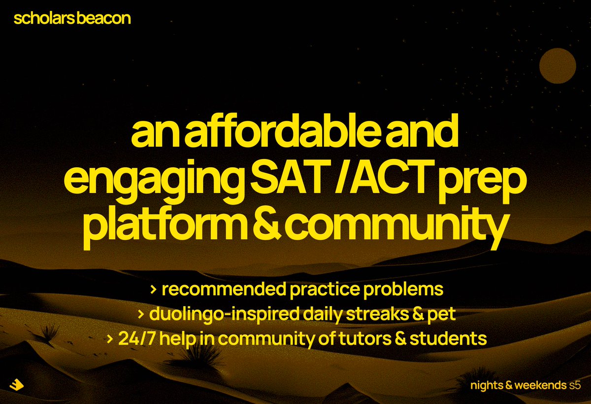 SAT/ACT tutoring lw expensive and boring, let's change that 😄😄

<a href="/_buildspace/">buildspace</a> <a href="/_nightsweekends/">nights & weekends</a>