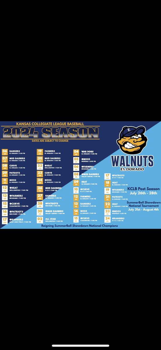 My 2024 Summer Kansas Collegiate League baseball schedule for the El Dorado Walnuts!
